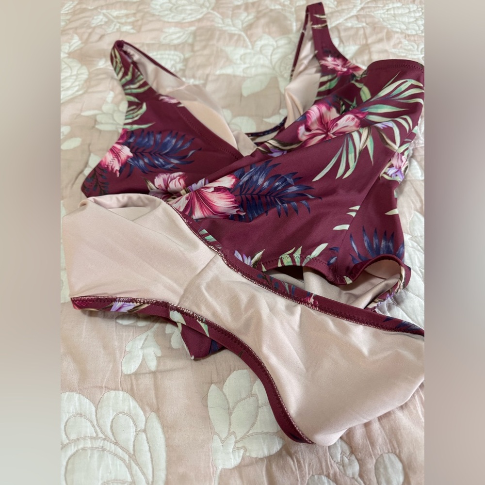 Floral One Piece Swimsuit - Burgundy and Pink - Picture 3 of 4
